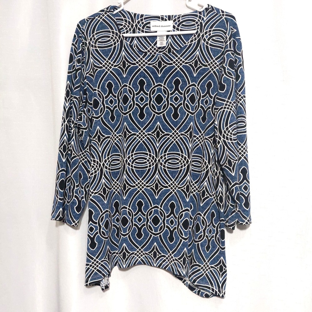 Alfred Dunner Womens Large Geo Print Blouse 3/4 Sleeve Asymmetrical Hem